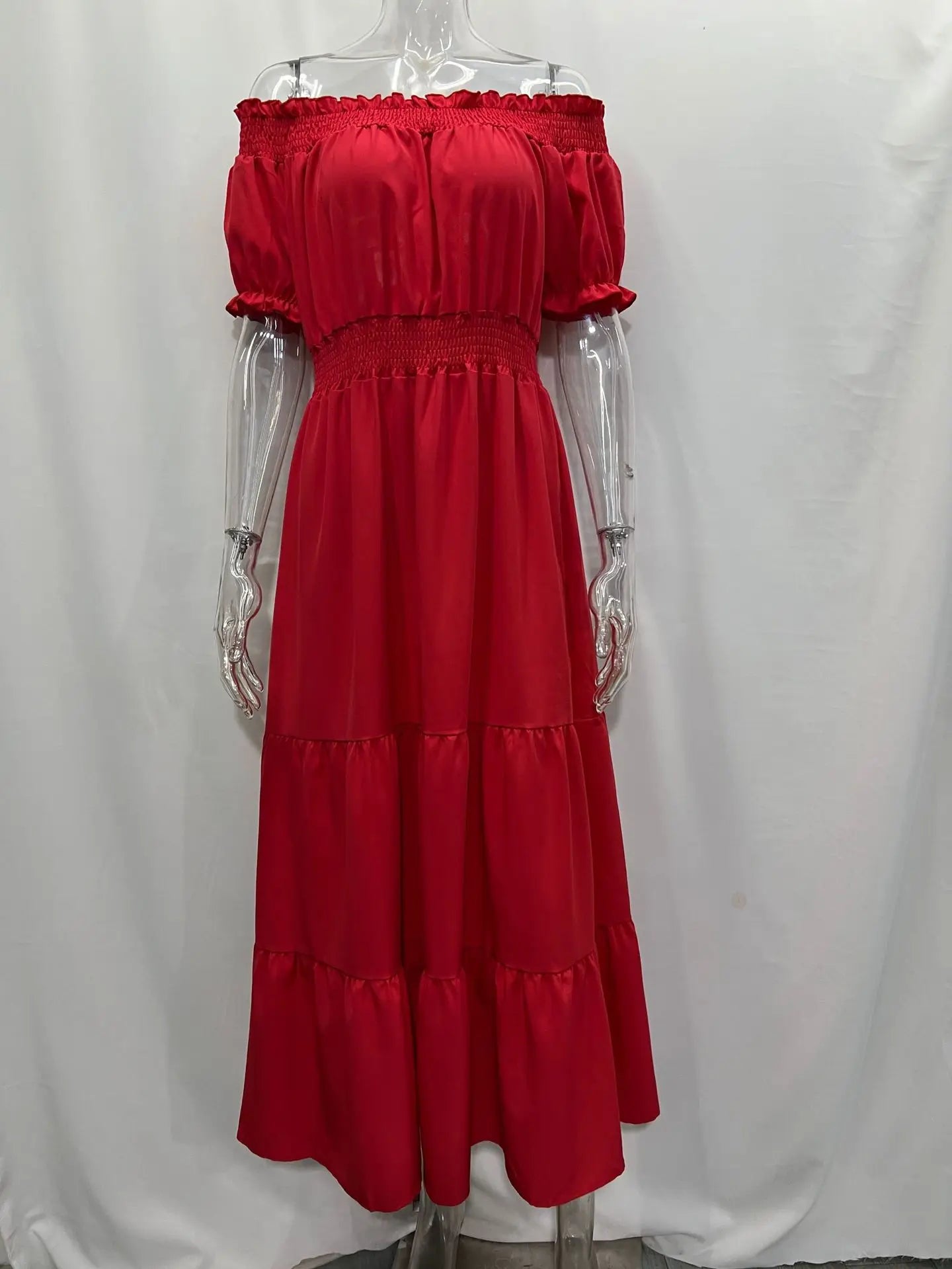 Summer Sexy Off Shoulder Slash Neck Ruffle Beach Party Dress Elegant Women Fashion Red Lace-up Pleated Holiday Long Dresses Robe