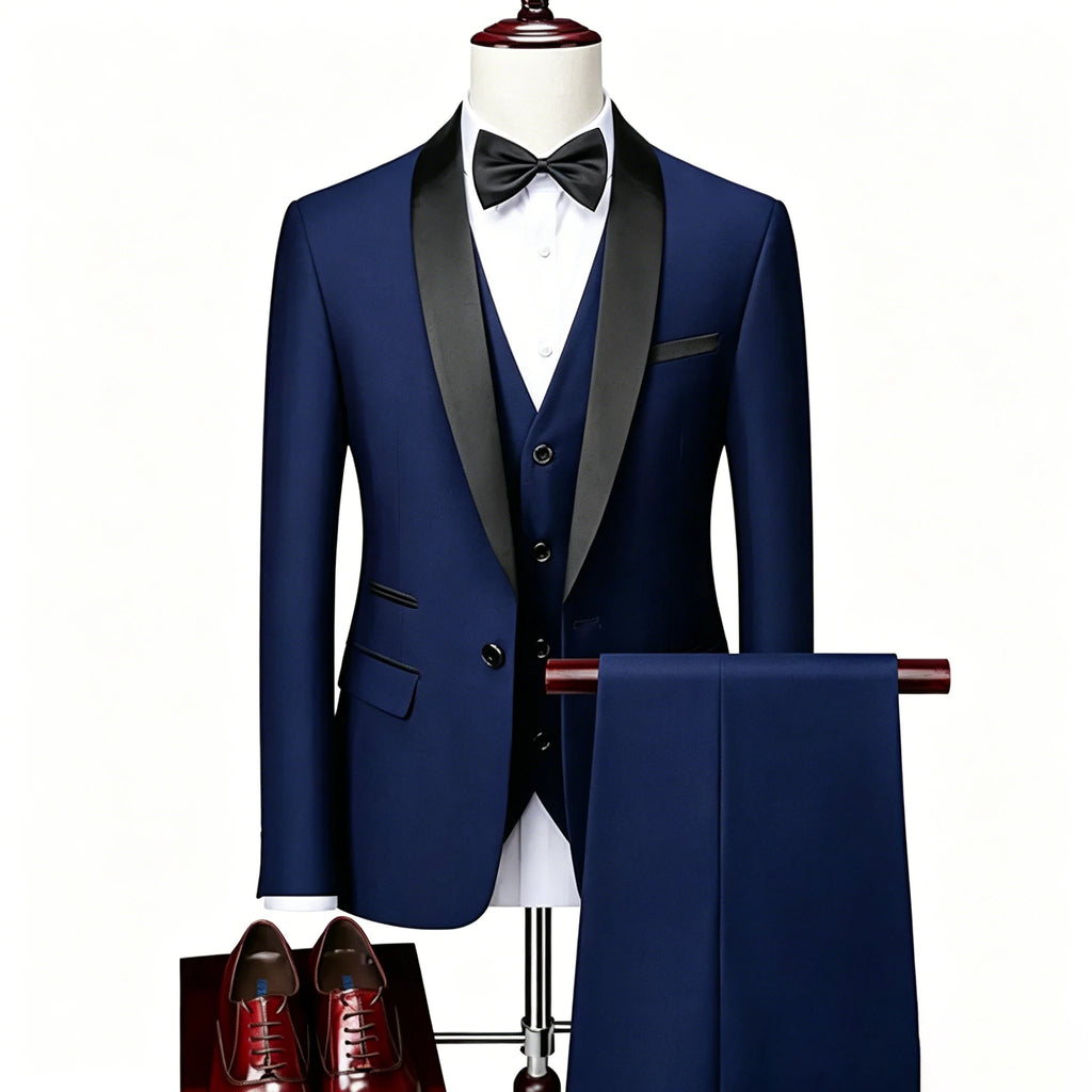 US Size XXS-3XL Men's 3 Piece Tuxedo Suit Set, Black Satin Shawl Lapel Slim Fit Blazer Vest Pants for Wedding Groom Party Prom
