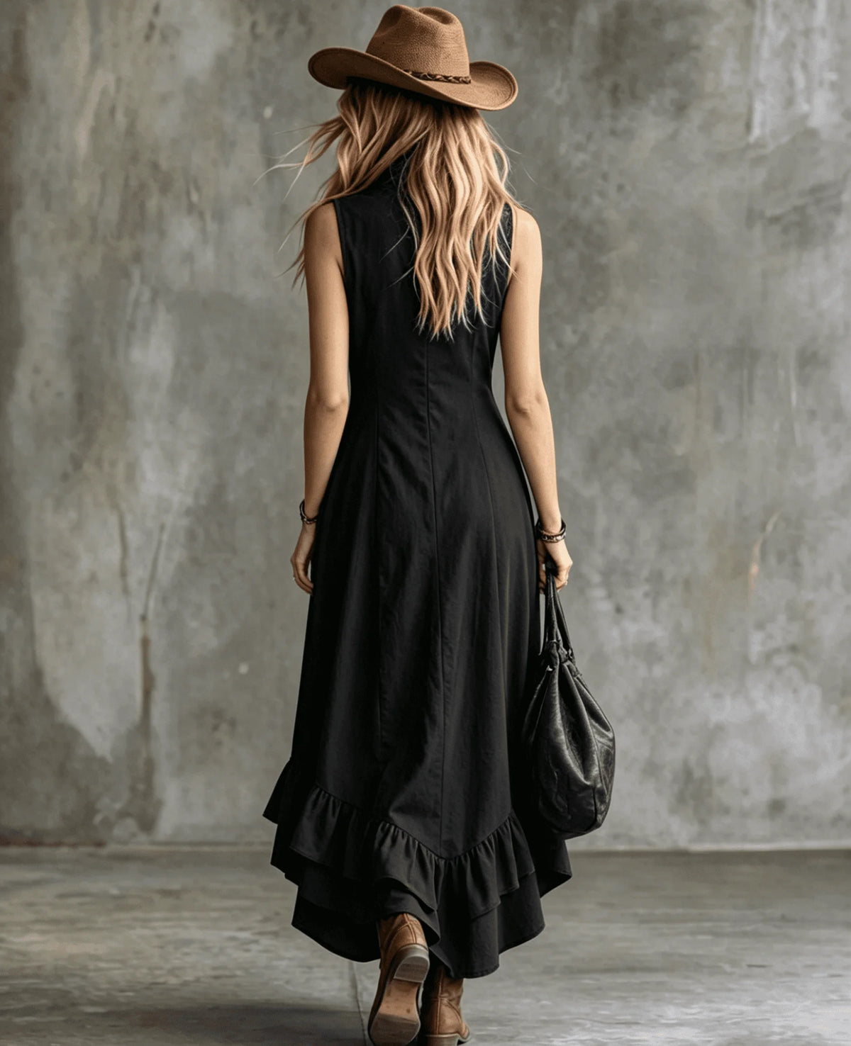 Women's Sleeveless Half Zip Maxi Dress Stand Collar High Low Ruffle Hem A-Line Long Dress with Pockets