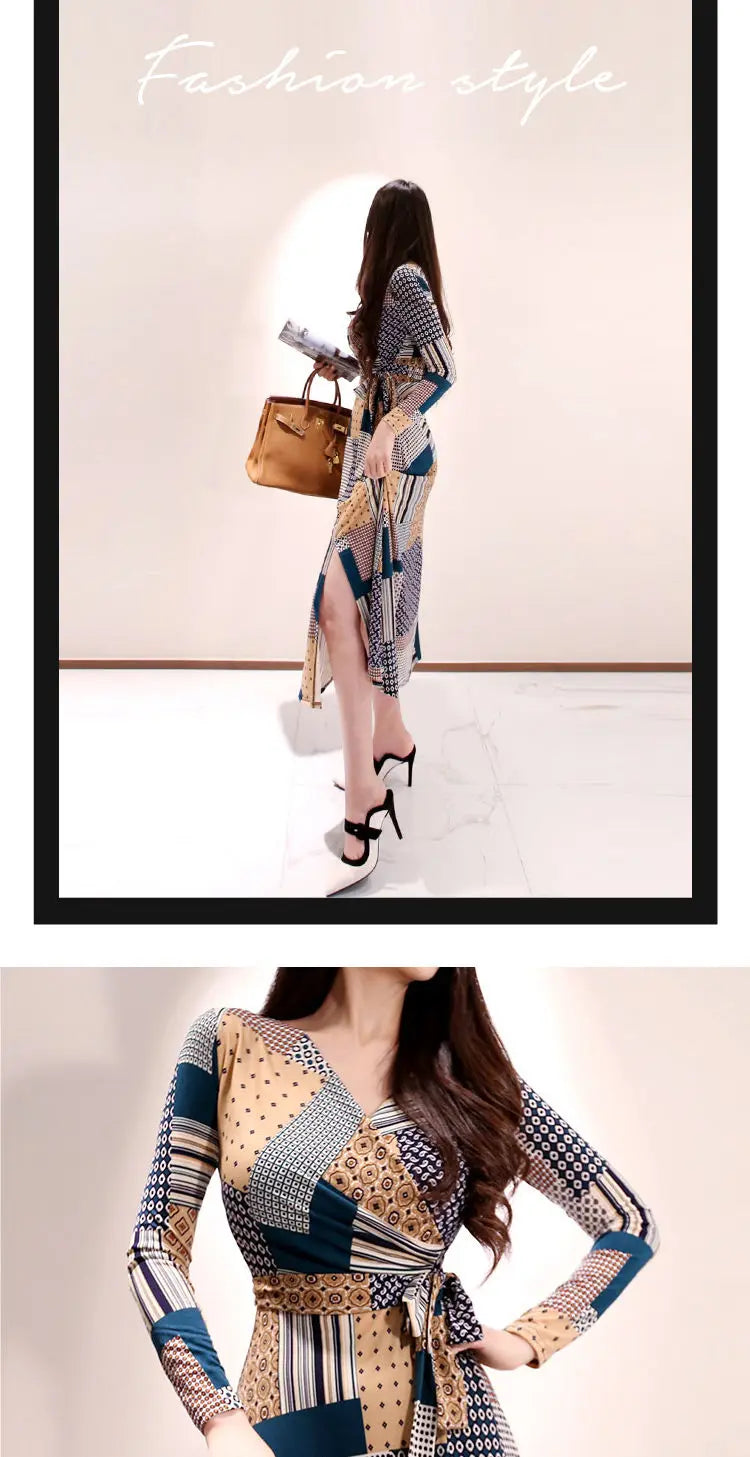 Vintage Print V-neck Lace-Up Maxi Dress | Korean Slim Long Sleeve.