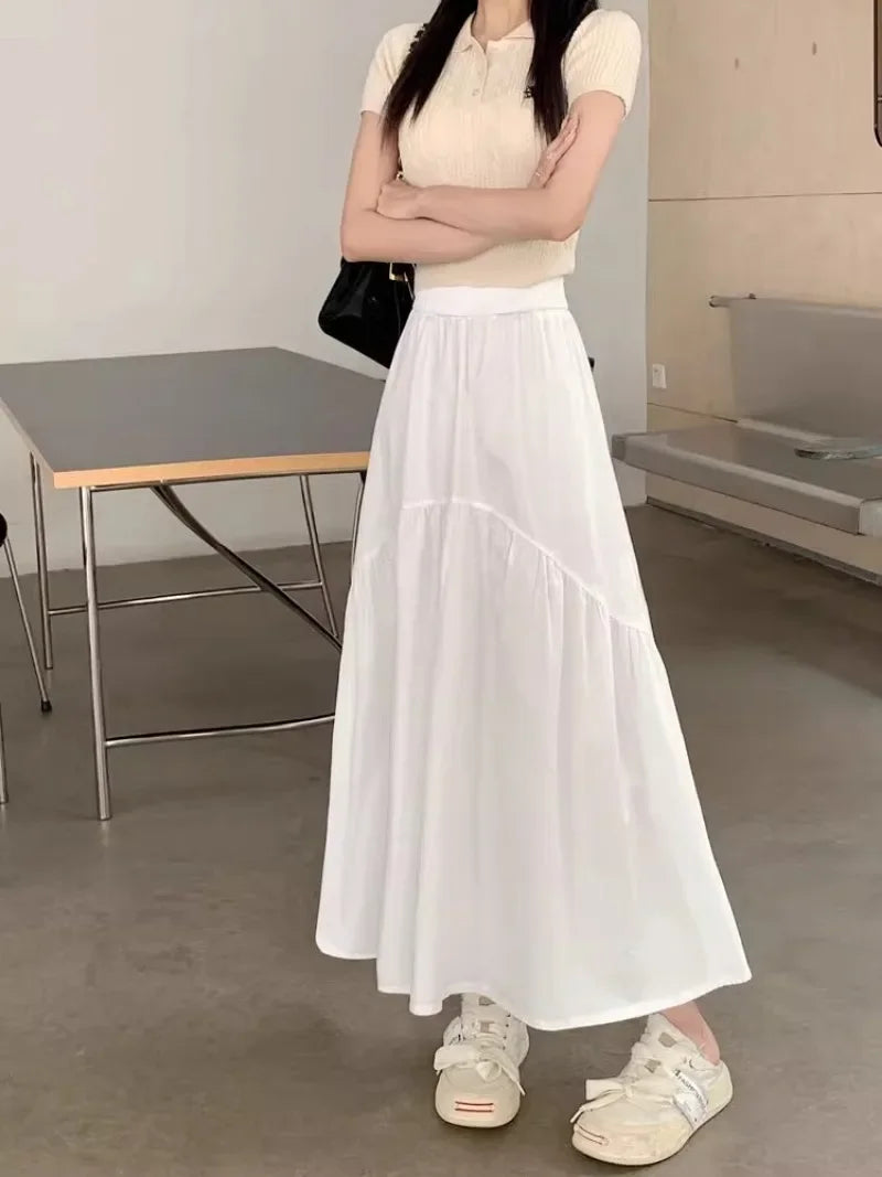 Elegant Women's Skirt Autumn New A-line Simple Fashion Solid Color Bustier Korean Pleated Splicing Elastic Waist Long Skirt