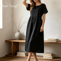 Women Cotton Linen Midi Dresses Summer Chic Female Vestidos Loose A-Line Dress Short Puffy Sleeve Casual Sundress