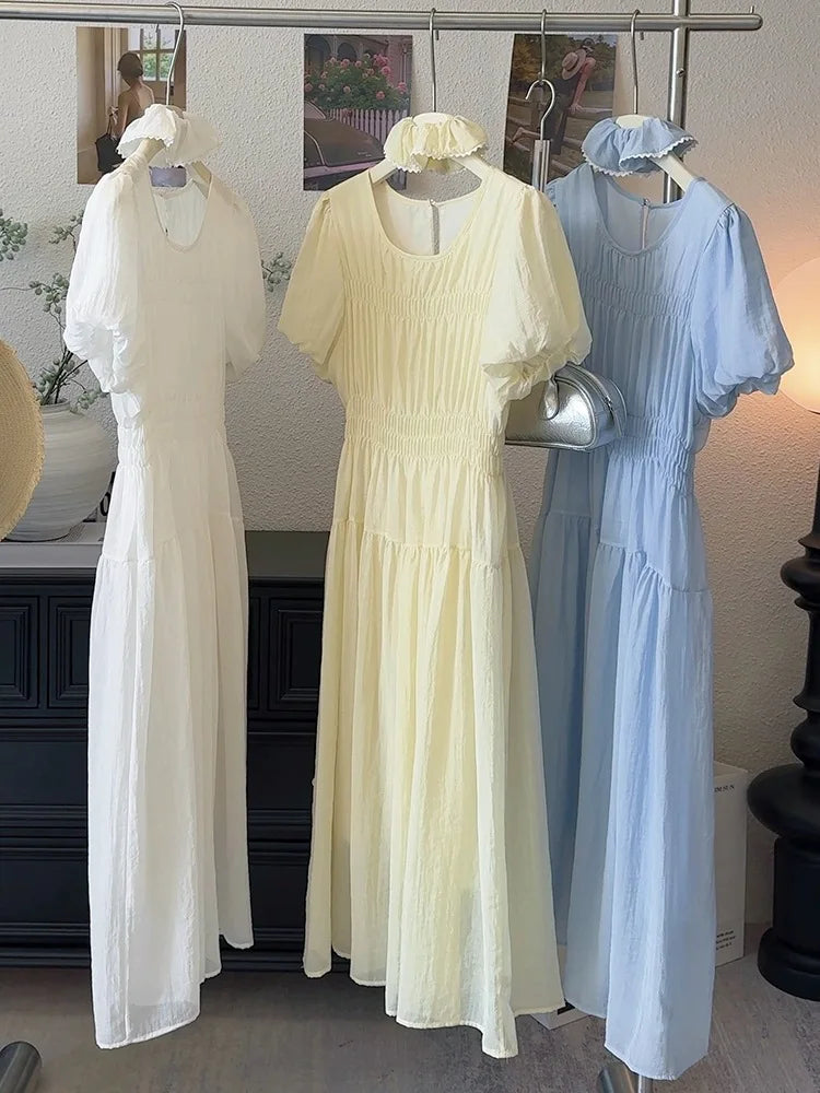 Temperament Dress 2025 Summer Korean Edition Reduced Age Bubble Sleeve Hundred Fold Waist Long Dress