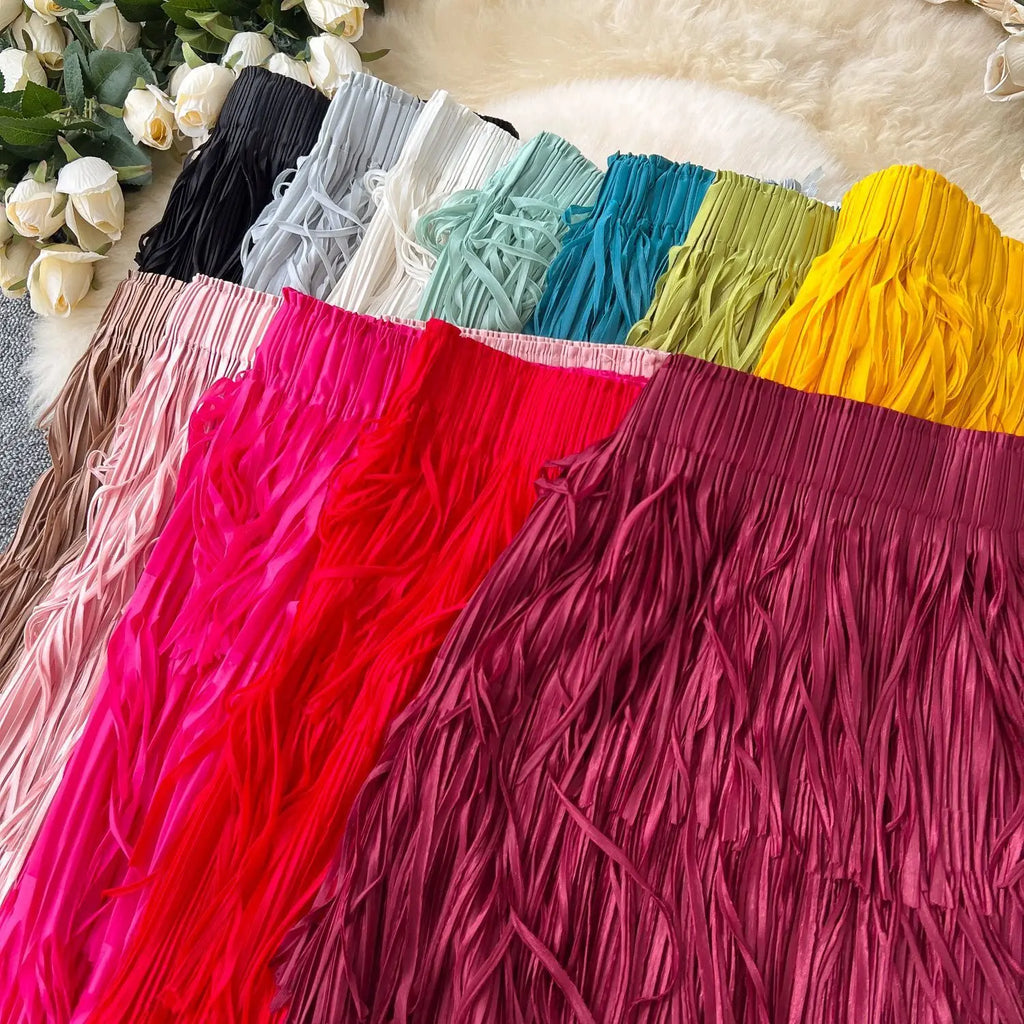 New In 2026 Spring Summer Tassel Midi Long Skirt For Women Trendy High Waist Streetwear Casual Skirts