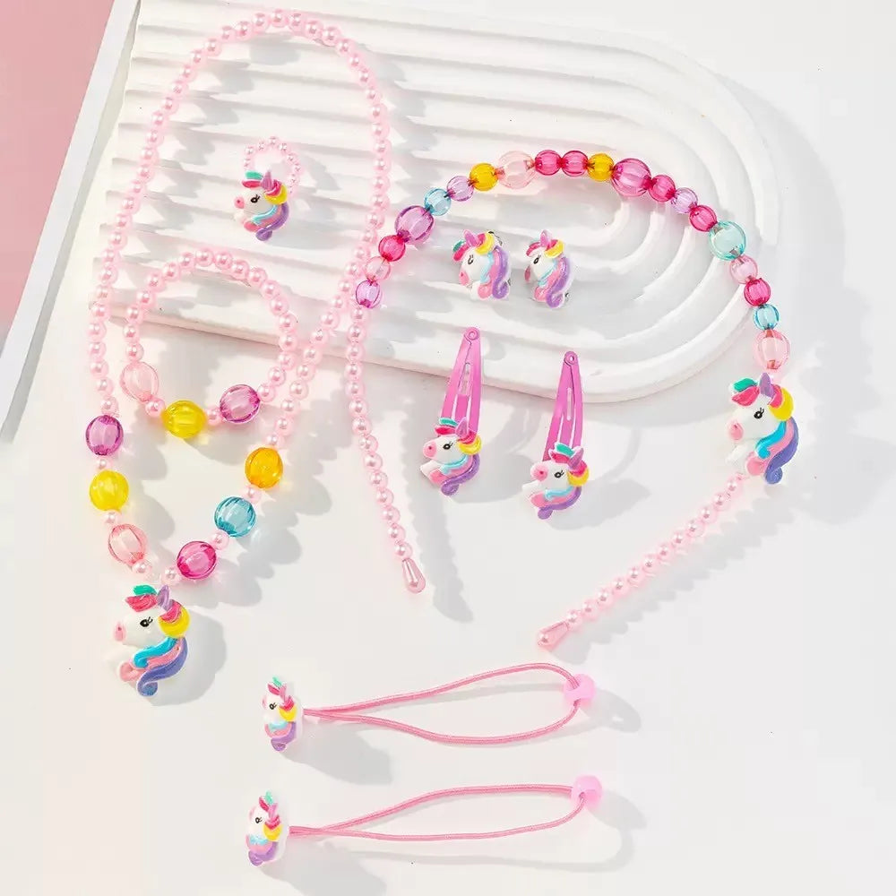 1 Set Handcrafted Unicorn Kids Beaded Jewelry Set Cute Animal Necklace Bracelet Ring And Hair Clips Set For Little Princess