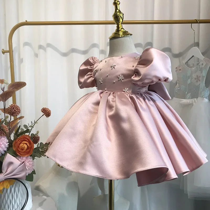 2026 Baby Girls Party Dress Blue Children Clothes Elegant Baptism Sleeves Plain Ball First Birthday Beading Puff Gowns