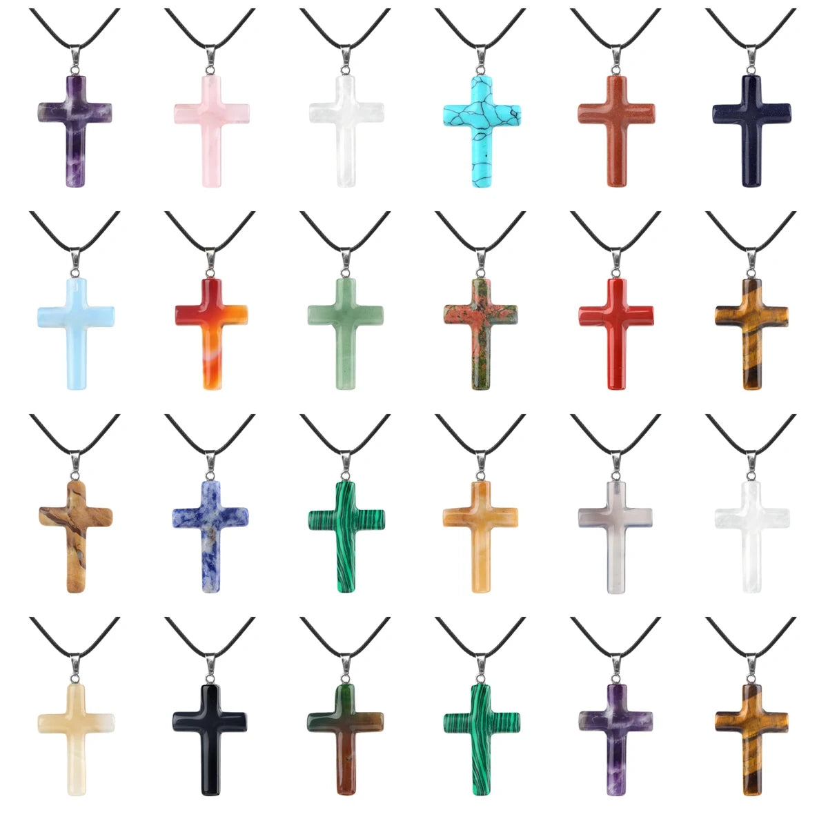 Handmade Craved Cross Gemstone Pendant Necklace for Women Men Healing Chakra 27x40MM Crystal Charms Choker Jewelry
