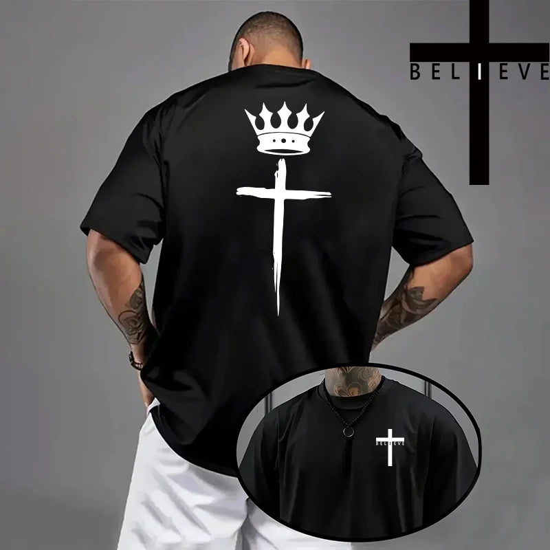 Spring Summer Daily Casual Fashion Jesus Cross Cotton Tees Christ Print T-shirt Men High Quality Pure Color Short Sleeve Top