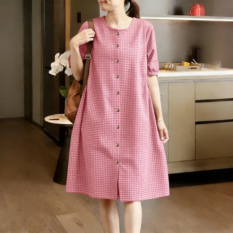 2026 ZANZEA Women Summer Sundress Elegant Short Sleeve Plaid Checked Dress Casual O Neck Work Dresses Baggy Holiday Vestido Robe