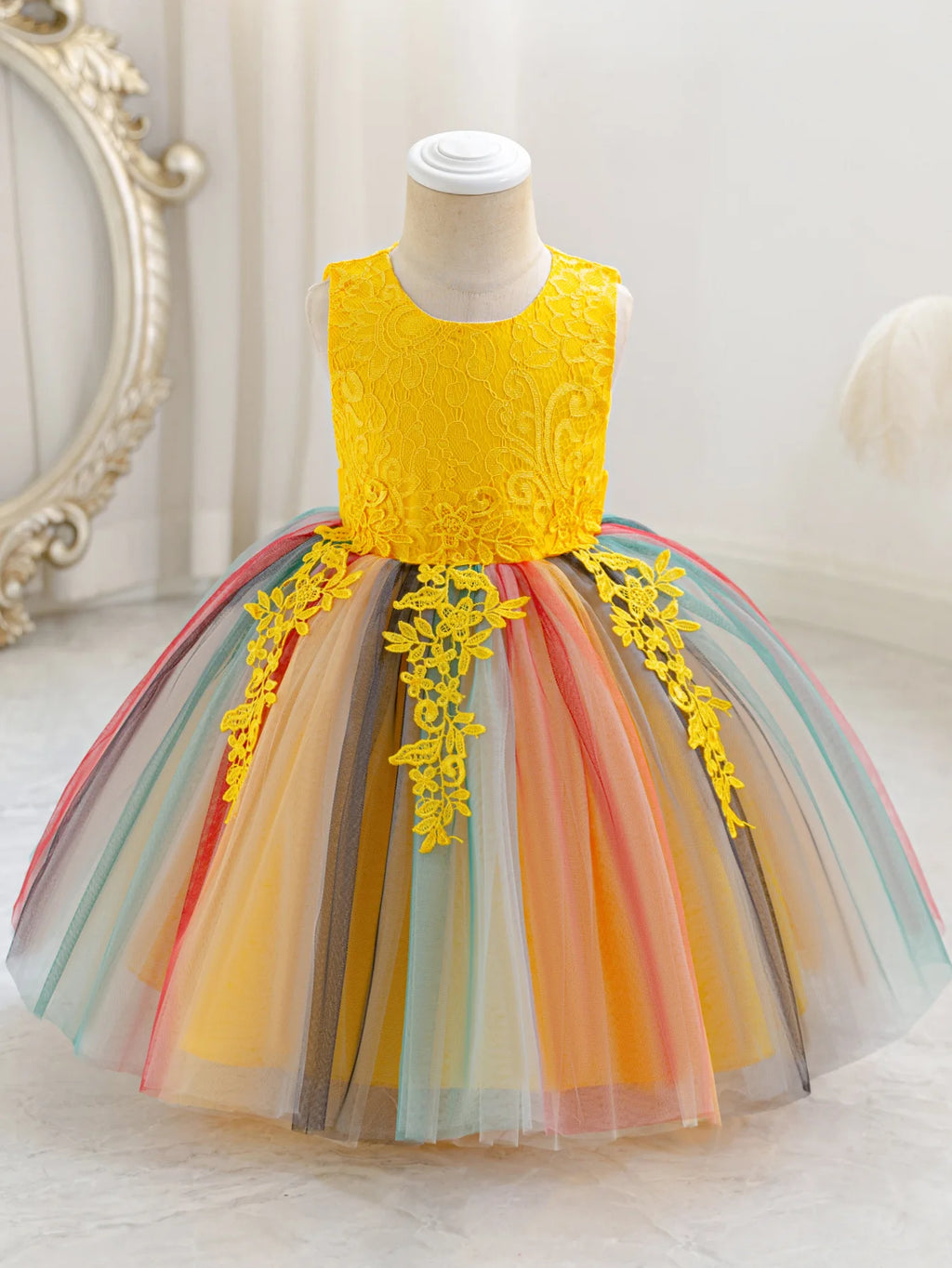 HETISO Little Girl Carnival Dress Rainbow Mesh Kid's Costumes Flower Birthday Ball Gown 3-10 Years