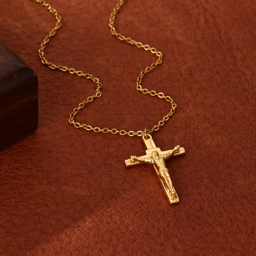 Stainless Steel Jesus Cross Necklace For Women'S Men Gold Color Caravaca Angels Crucifix Charm Choker Rapper Jewelry Hip Hop