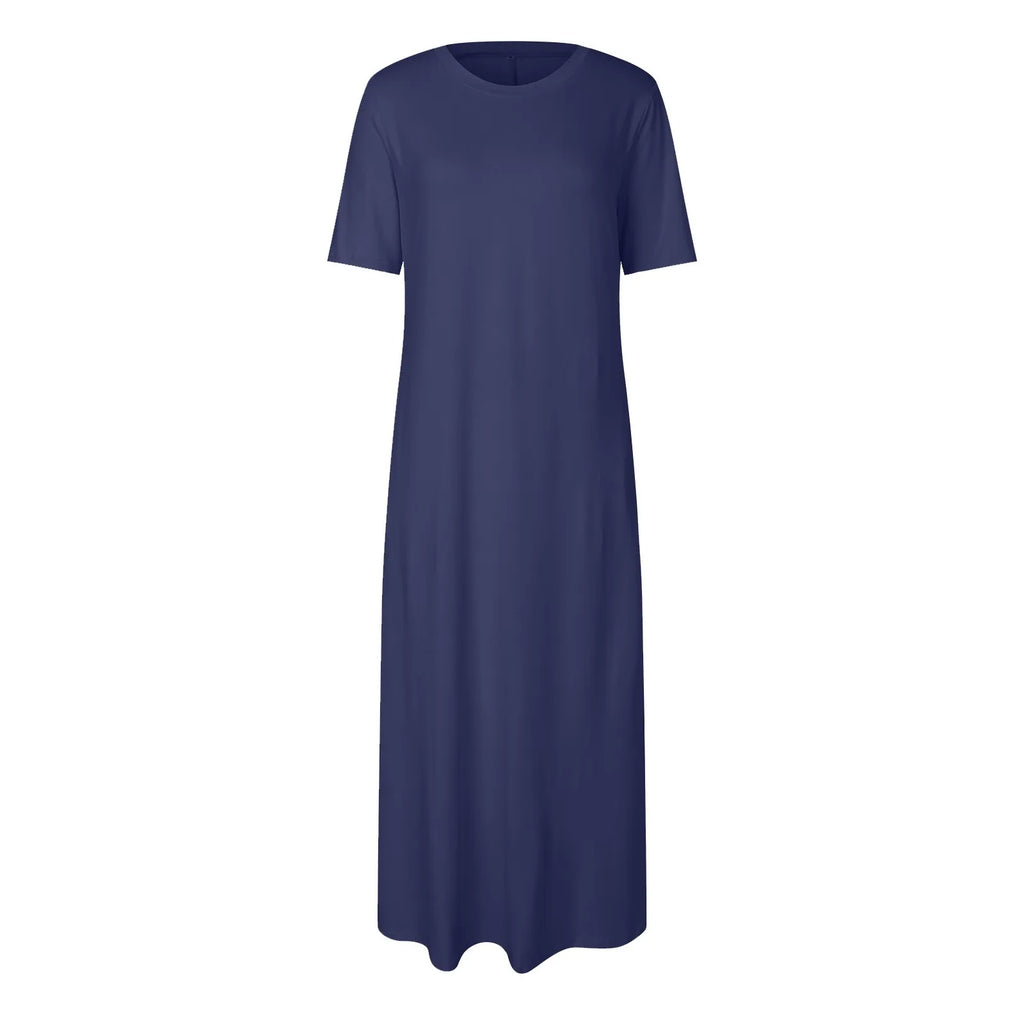 Women's Elegant Slim Fit Maxi Dresses Solid Short Sleeve O Neck With Pockets Ankle Length Dresses Casual Beach Holiday Dresses