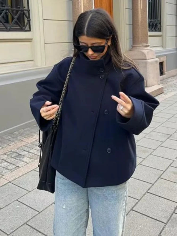 Stand Collar Women Winter Woolen Coat 2025 Spring Single Breasted Loose Female Long Sleeve Jacket Office Lady Street Short Coats
