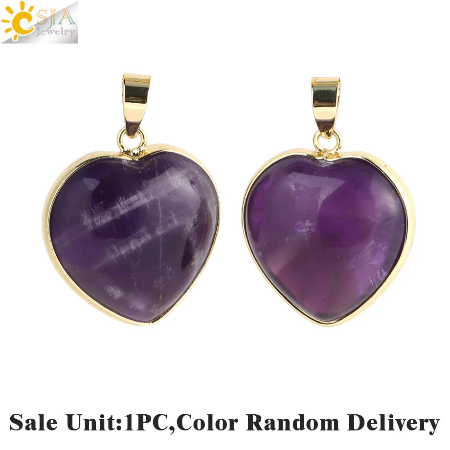 Csja Collar Corazón de Cristal para Mujer, Curativo, Cuarzo Rosa, Amatista, Colgante de Piedra Natural