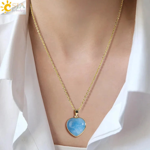 Csja Crystal Heart Necklace For Women Healing Pink Quartz Amethyst Natural Stone Pendant