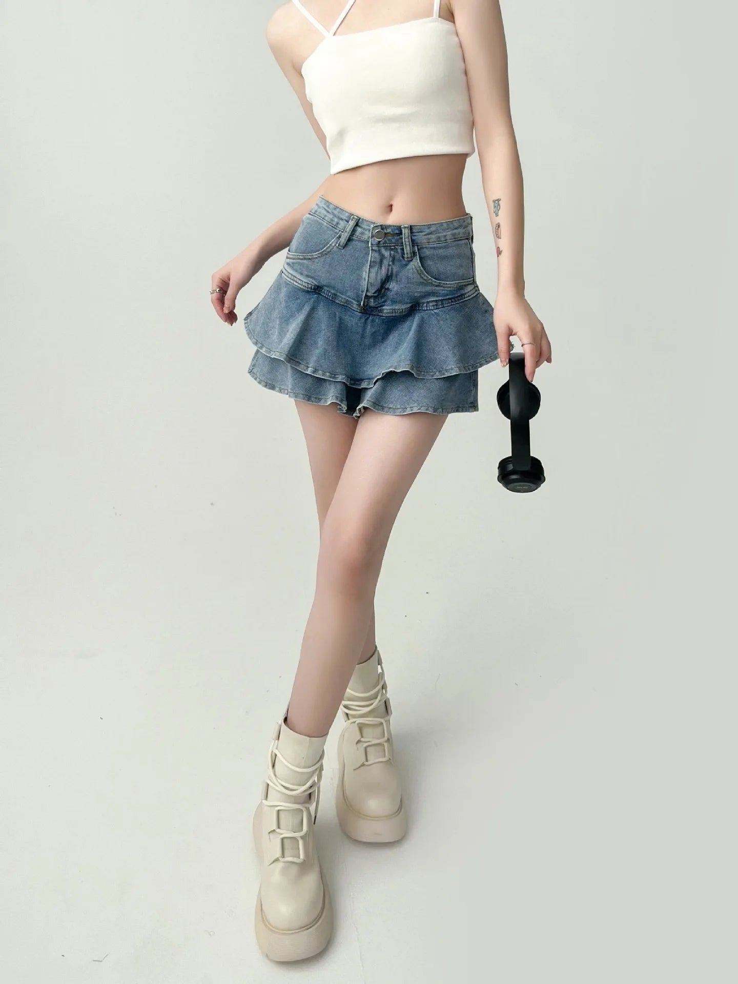 Summer Women High Waist Denim Cake Skirt A-Line Bodycon Mini Skort Casual E-Girl Street Skirt