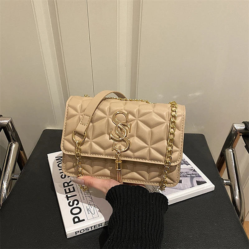 Fashionable Small Fragrant Style Argyle Quilted Small Square Bag Metal Letter Tassel Diagonal Cross Bag Commuter Shoulder Bag