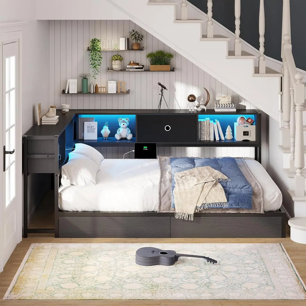 Full Size Daybed Bed Frame Metal Platform Corner Bookcase Headboard Storage Drawers Charging Station Led Lights Kids Teens Guest