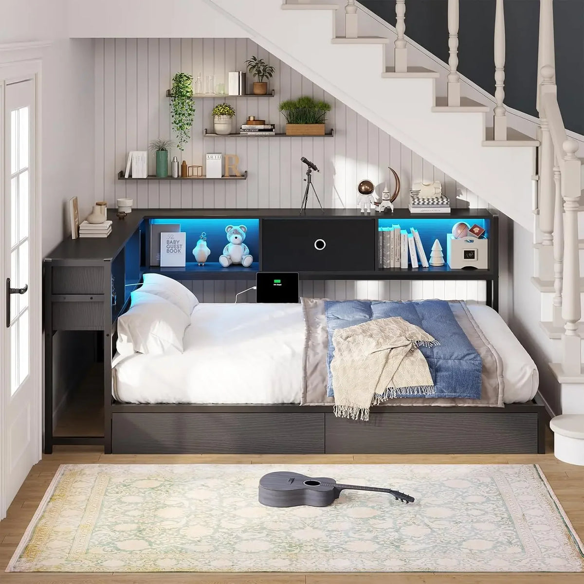Full Size Daybed Bed Frame Metal Platform Corner Bookcase Headboard Storage Drawers Charging Station Led Lights Kids Teens Guest