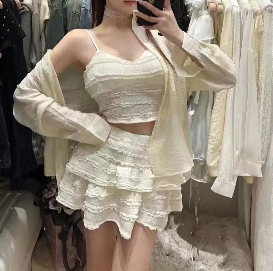 Ballet Style Puffy Short Skirt Women Summer Lace Crop Top Design Sensation Half Skirt Pure Desire Sweet And Spicy Set