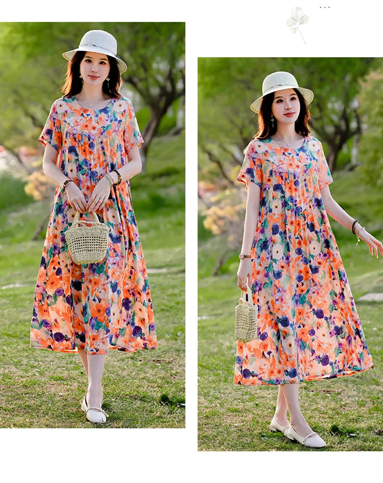 New Print plus size 2026 New Fashion Floral Printed Summer Dress Vestidos Elegant Short Sleeve Slim O-Neck Party Women clothing