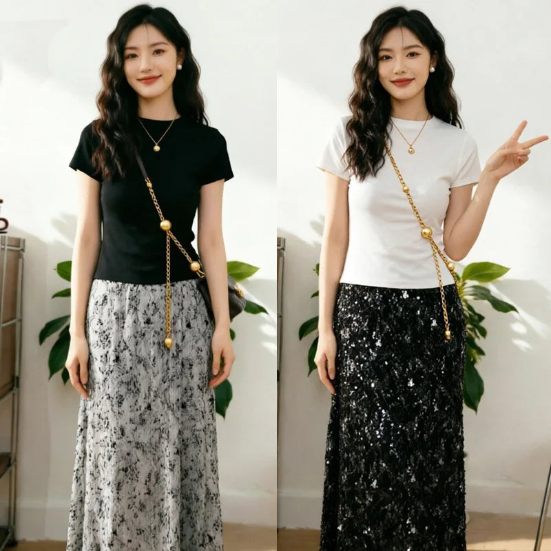 Korean Style Floral Print High Waist Midi Skirt Women's Fashion Slimming Patchwork Full Bloom Long Skirt Spring Summer