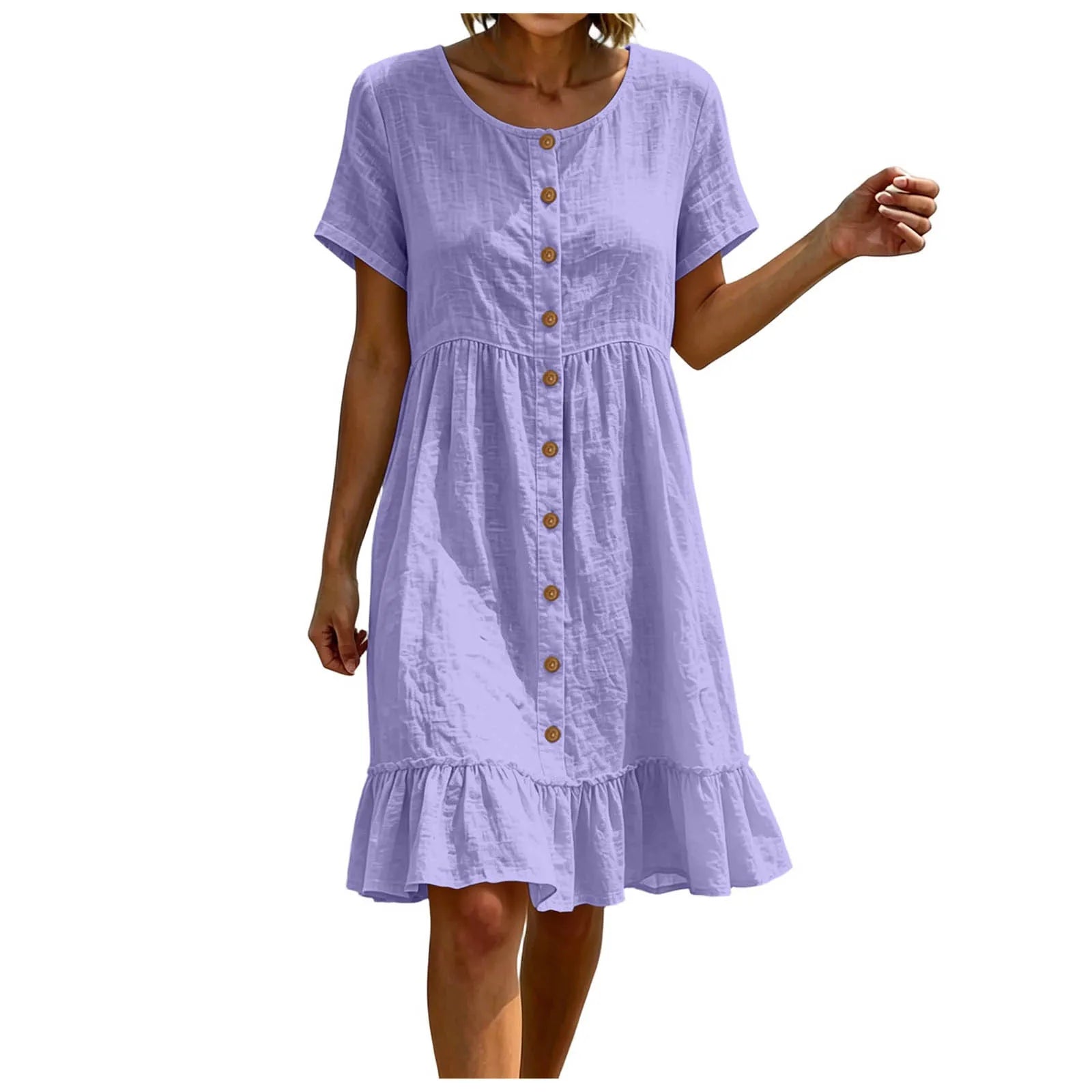 Women Casual Summer Dress Round Neck Front Button Down Short Sleeve Loose Midi Dress Solid Ruffle Hem Beach Cotton Linen Dreses