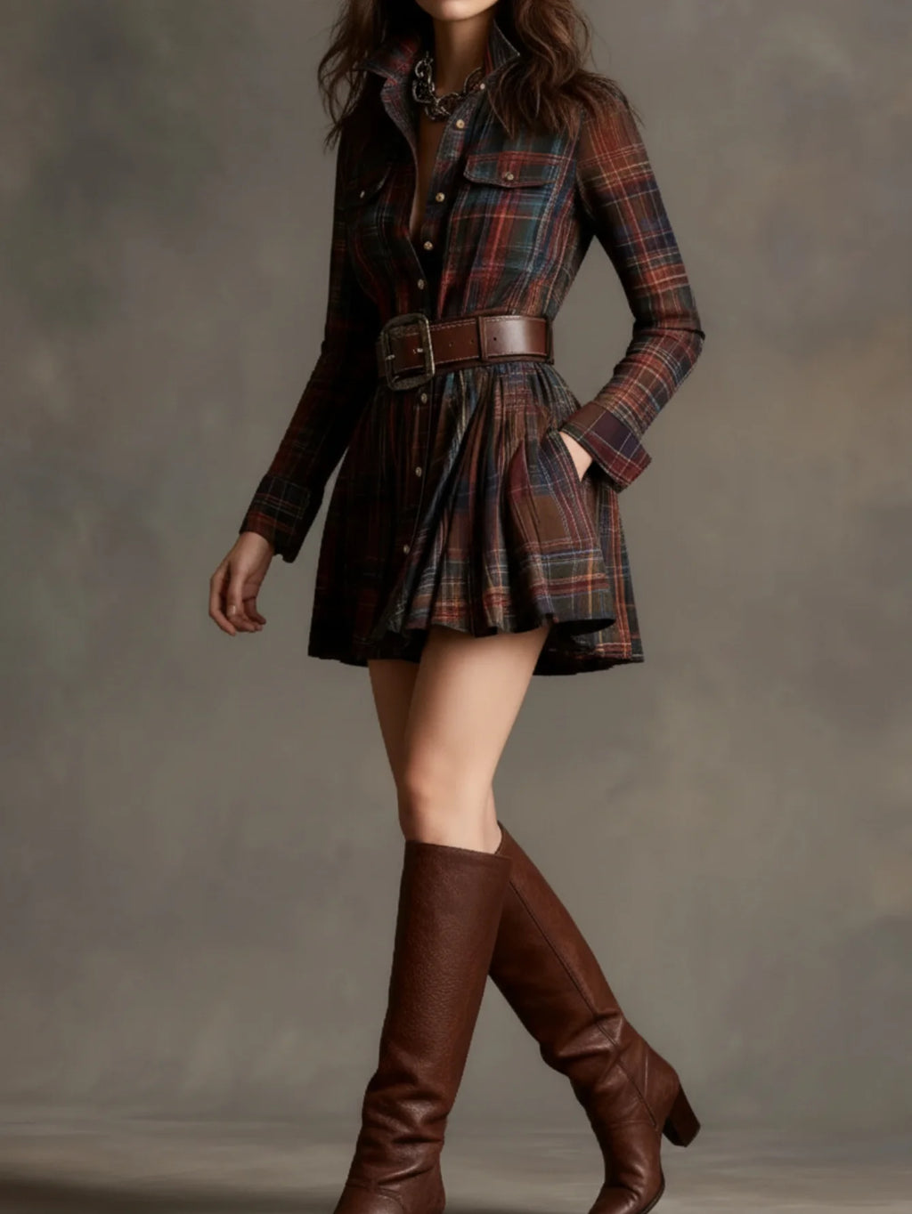 Women's Turn‑Down Collar Long Sleeve Mini Dress Plaid Print Button Front Pleated A‑Line Shirt Dress Fashion Casual Ladies Daily Outfit