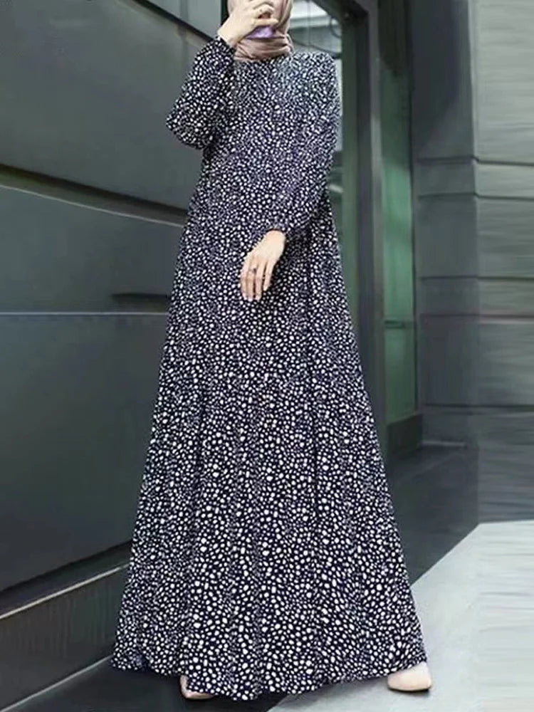 New Fashion Polka Dot Long Sleeve Long Dress for Women Spring Summer O Neck Evening Party Dresses Loose Waist Lady's Dress Robe