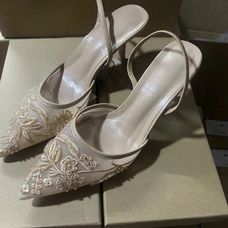 Ladies Flower Mesh Open Heel Sandals Shoes Sexy Designer High Heel Pointed Toe Stiletto Pumps Mules  women sandals