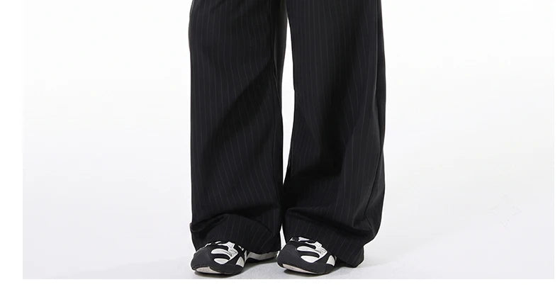 Detachable Skirt Panel Striped Suit Pants Women Turn Up Cuff Tie Waist Straight Wide Leg Trousers Loose Casual Streetwear Pants
