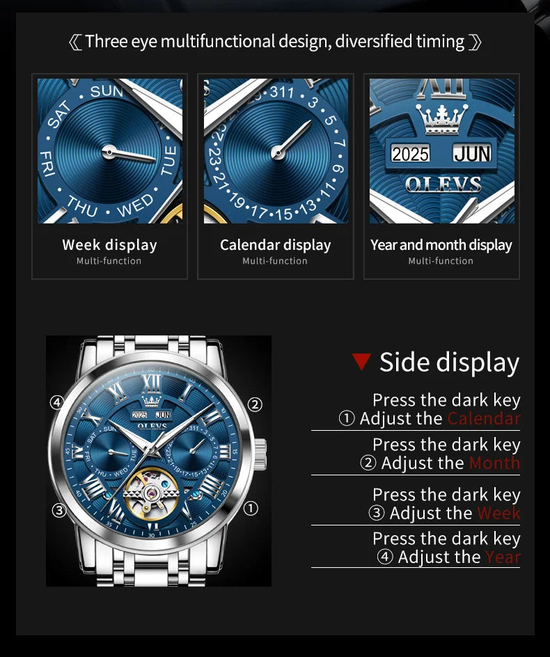 OLEVS 6668 Original Men's Watch Multifunctional Skeleton Waterproof Stainless steel Strap Business Automatic Mechanical Watches