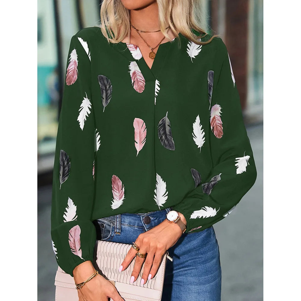 Fashion Woman Blouse Shirts For Women'S Stylish Top Long Sleeve Feather Pattern Female Tops Elegant Chiffon Mujer Woman Clothes