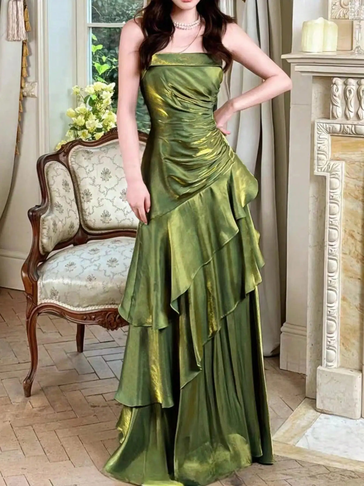 Women's Ruffles Elegant Romantic Spaghetti Straps Dresses Prom Gown Princess Graduation Party Sling DressFestival Formal Clothes