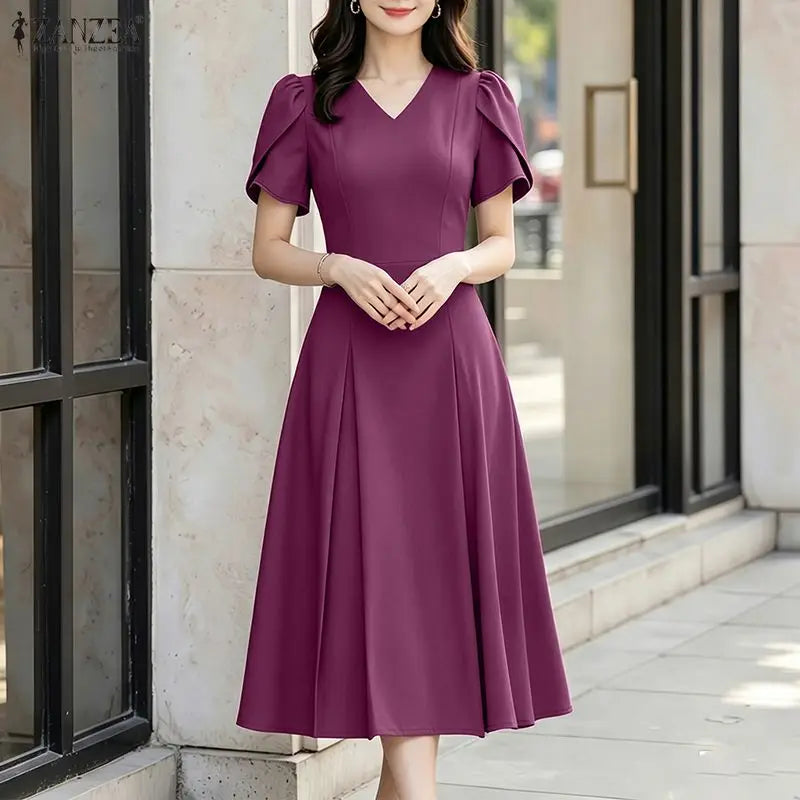 Elegant V Neck Petal Sleeve Sundress ZANZEA Women Summer Dress Stylish Solid A Line Pleated Holiday Dresses Casual OL Work Robe