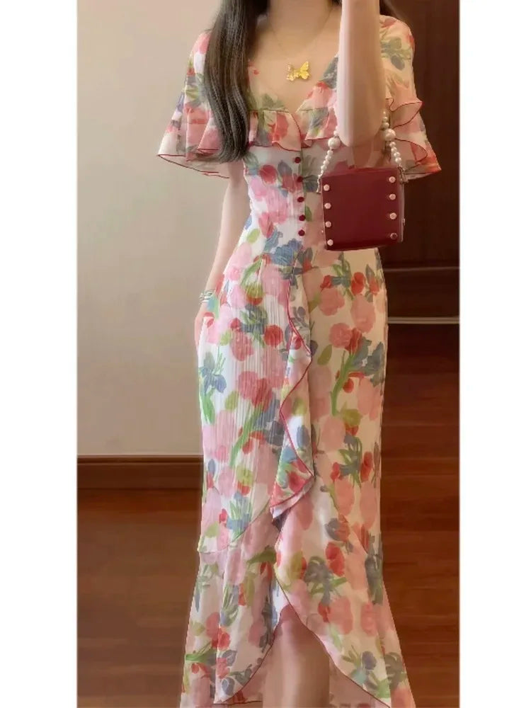 Romantic Elegant Vintage Floral Print Women's Dress Summer Slimming Long Skirt High Waist Short Sleeve A-Line Midi Dress
