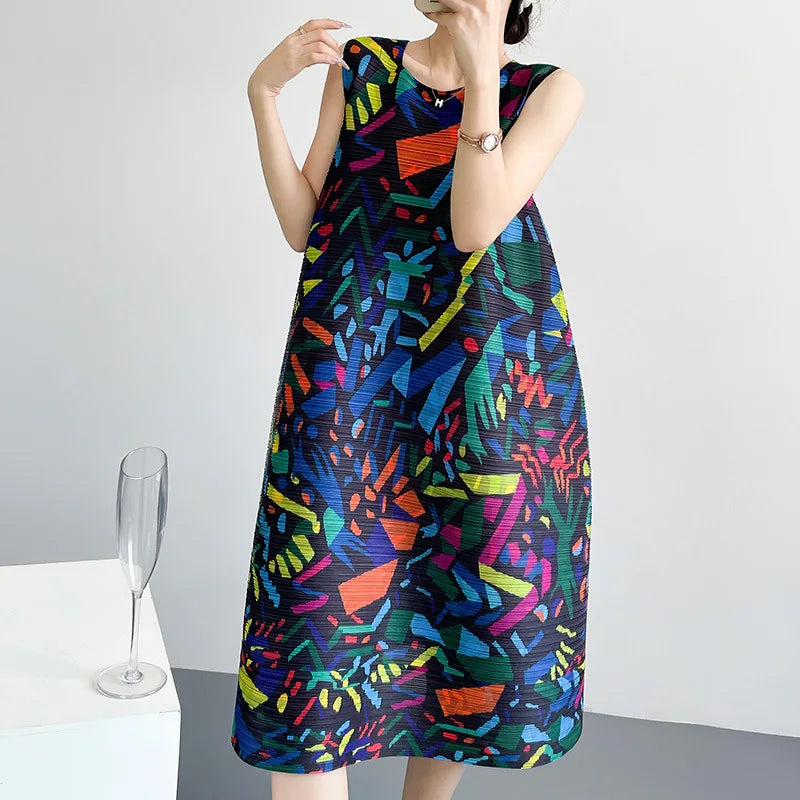 2026 Summer Retro Print Design Flared Dress Women Loose Fit Plus Size Fashion Elegant Sleeveless Dress Travel Vacation Wear