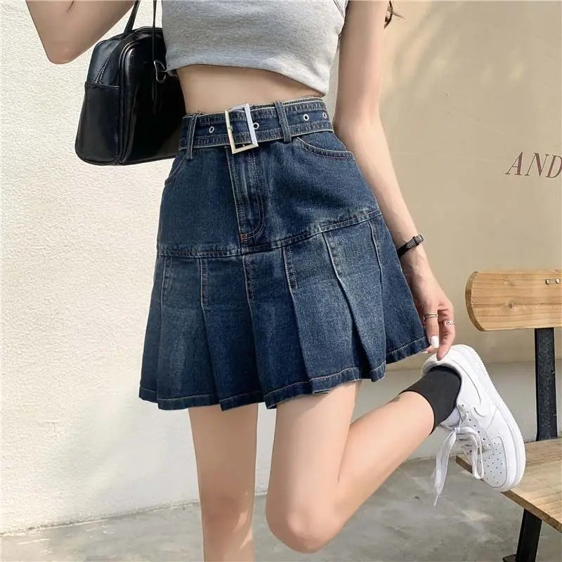 Spicy Girl Denim Half Skirt Women's Summer 2026 INS New Korean Retro High Waist Slim A-Line Pleated Short Skirt Trendy