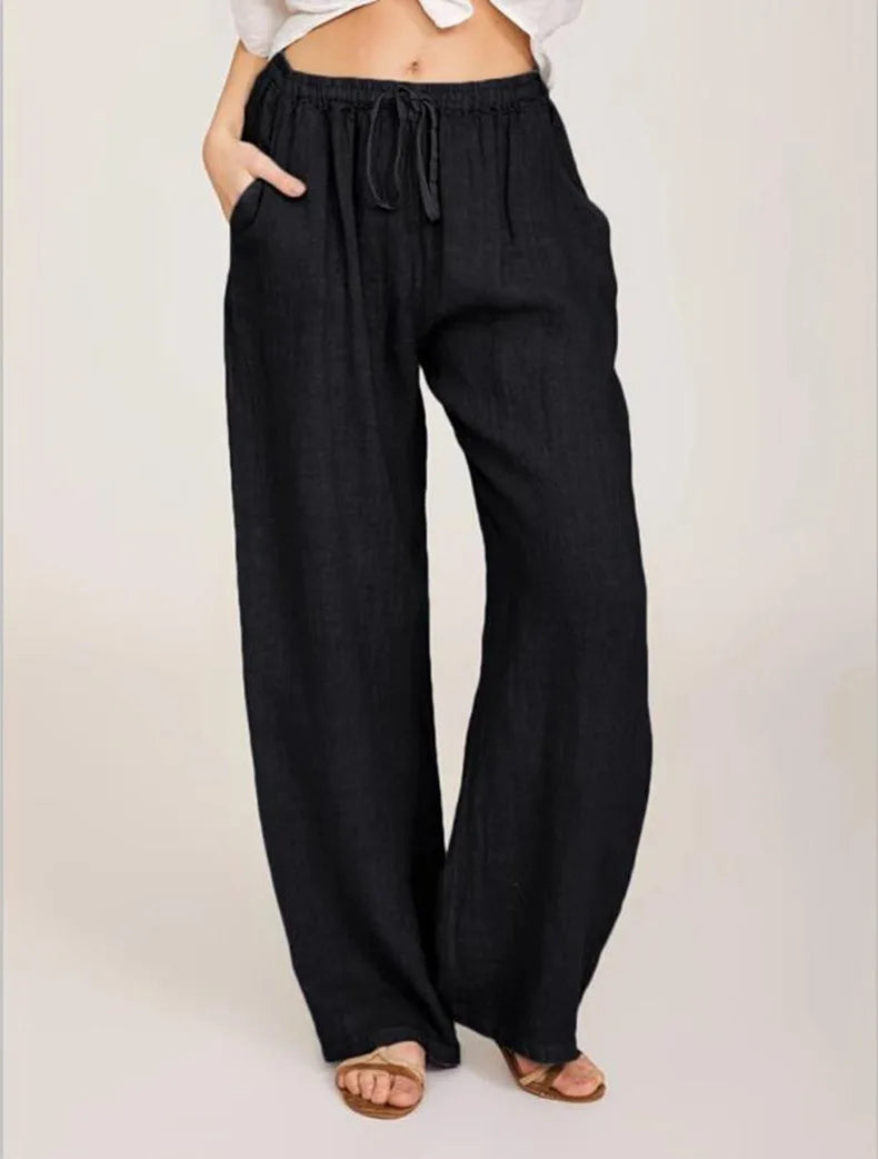 Wide Leg Linen-Blend Casual Pants | Loose Fit Women's Trousers
