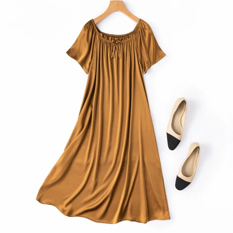 Birdtree, 21MM 92% Silk 8% Spandex Nightgown, O-neck Short Sleeve, Women Plain Satin Pajama Homewear Dresses, 2026 New D66104JF
