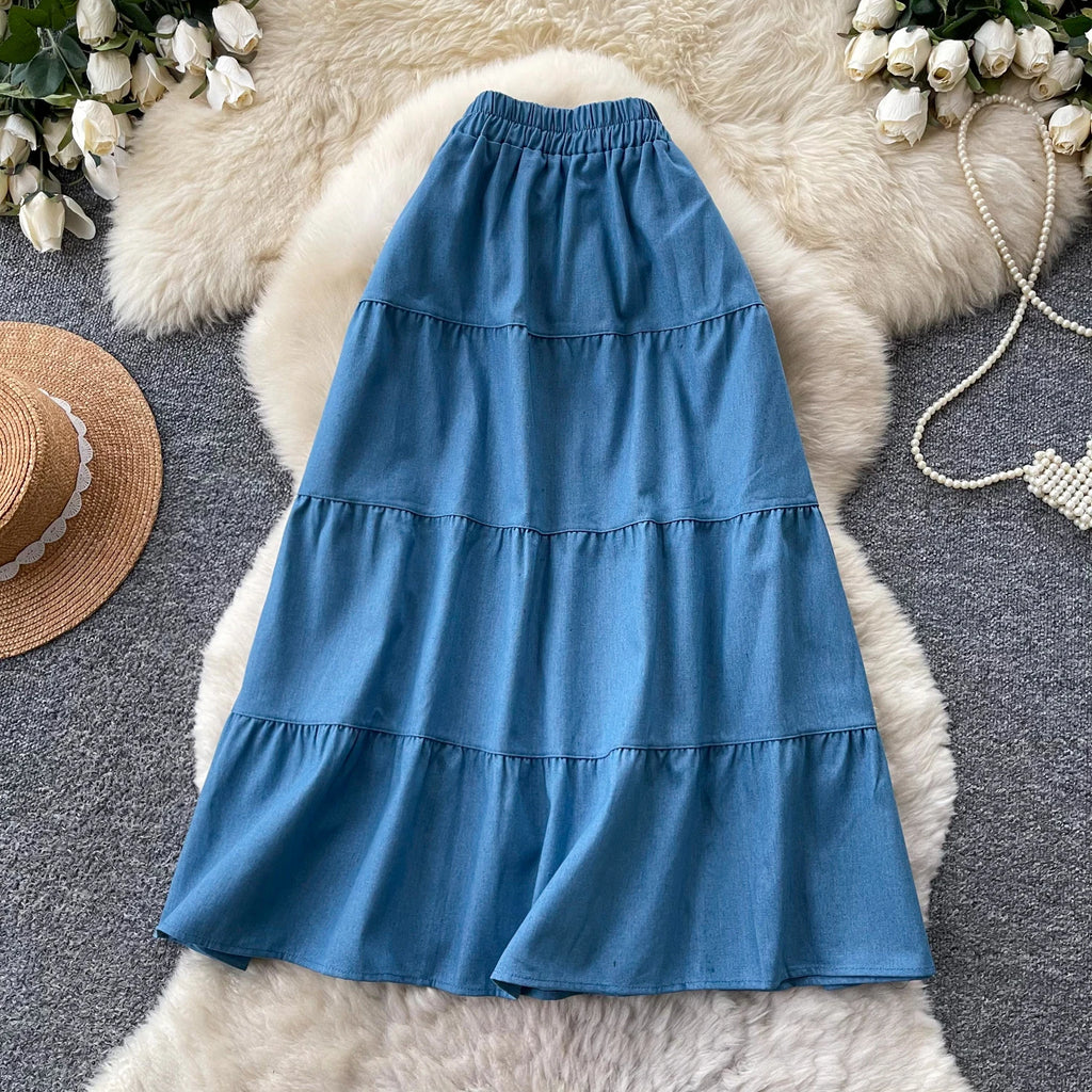 Korean Style A-Line  Skirt Women's Summer Slimming Elastic Waist Denim Patchwork Skirts City Commute Universal Long Skirts