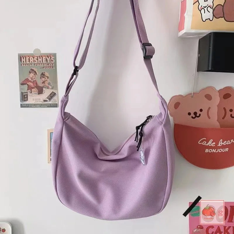Canvas Crossbody Bag, Large Capacity Casual Shoulder Purse with Cute Bag Charm, Adjustable Strap for Teen School Sling Bag