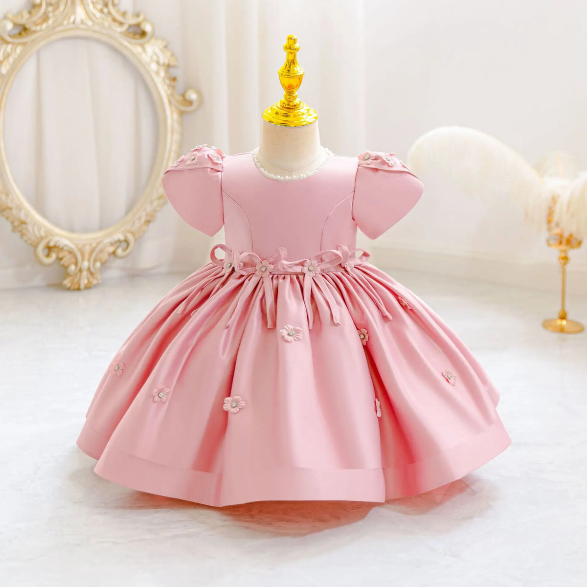 HETISO Baby Girls Dress Ribbon Bow Newborn Princess Party Ball Gown Satin Pearls Kids 1 Years Birthday Wedding Costume