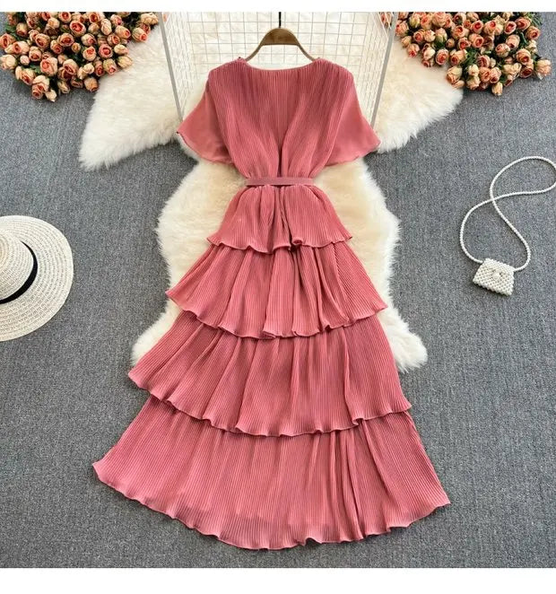 Beach Vaion Vintage Women's V-ne High-waist Cake Dr Ele Aosphere Maxi Skirt Loose Fit ort Sve Ci Commute