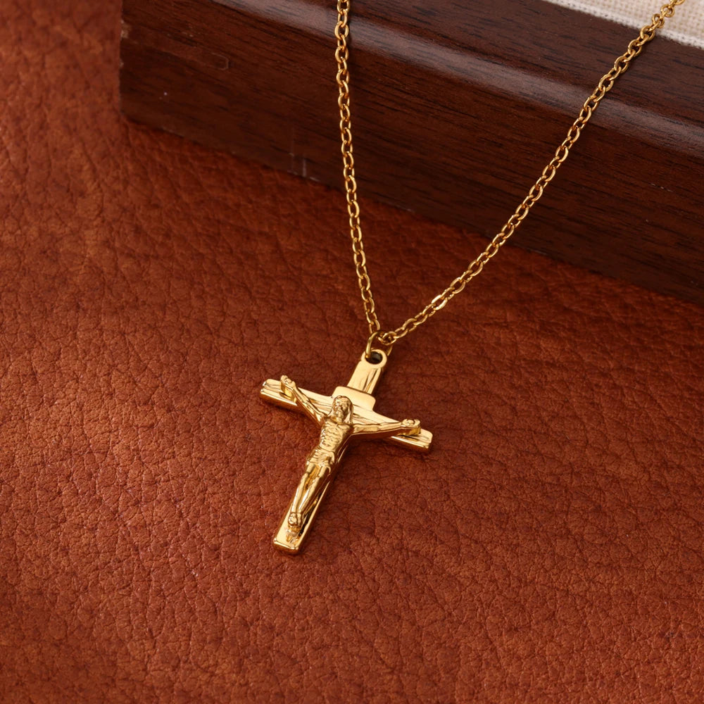 Stainless Steel Jesus Cross Necklace For Women'S Men Gold Color Caravaca Angels Crucifix Charm Choker Rapper Jewelry Hip Hop