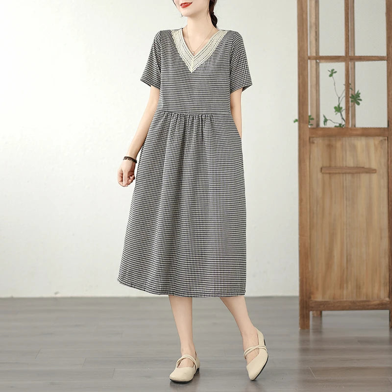 Retro Fashion Casual Plaid Dress Women Summer New V-neck Lace Splicing Loose Slimming Skirt over Knee Cotton Polyester Blend
