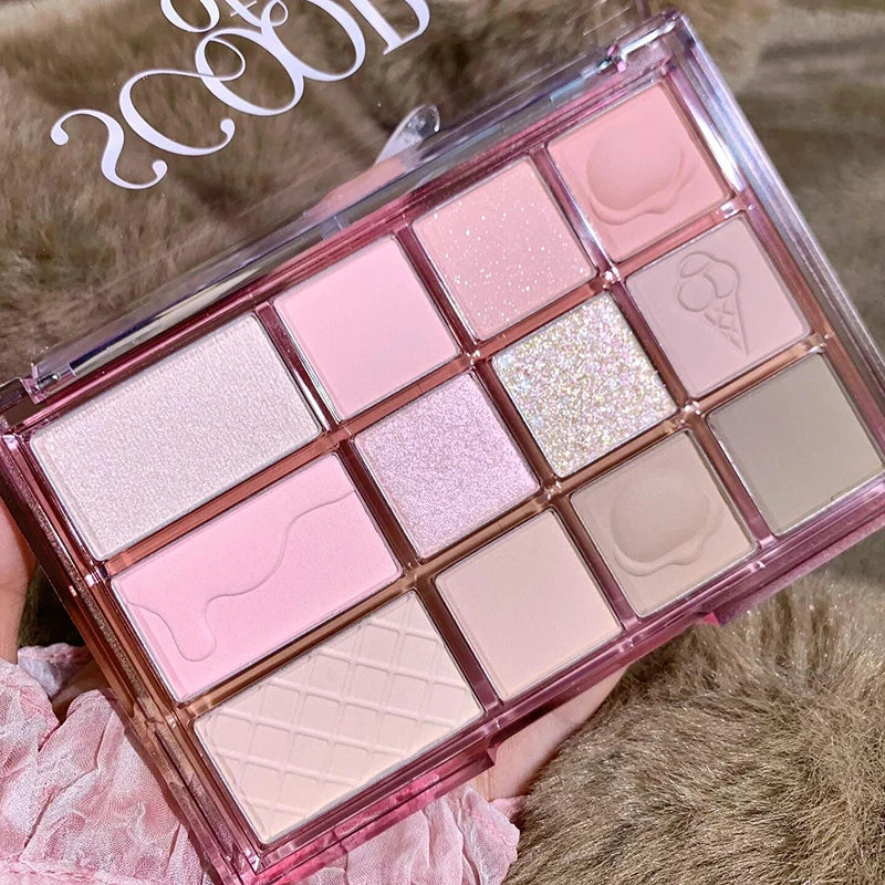 Korean 12Color Pink Brown Eyeshadow Palette With Matte Earth Tones And Pearl Glitter For Everyday Wear