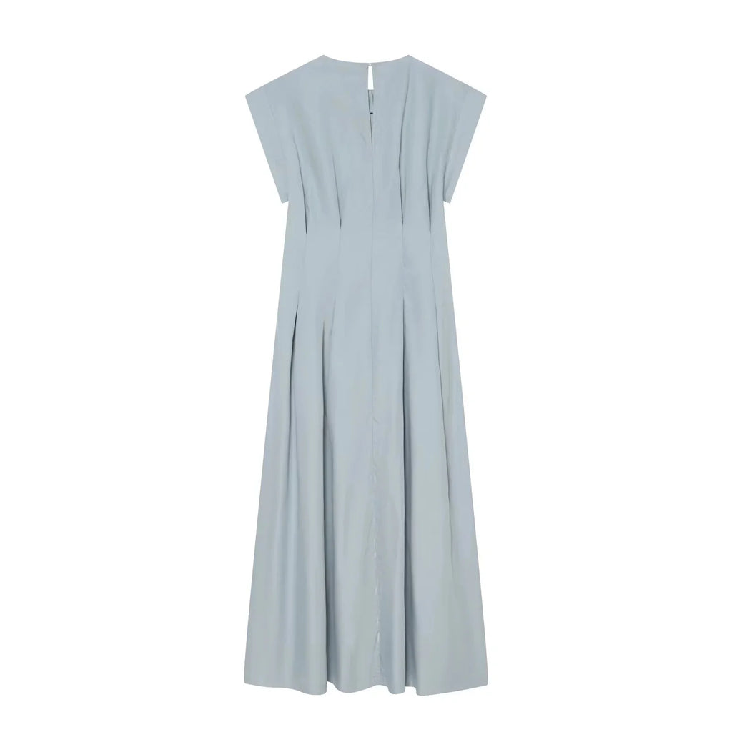 BSAY 2026 Minimalist Solid Color Long Dress Ladies Round Neck Cap Sleeve Waist Flowy A Line Maxi Dress Casual Vacation Sundress