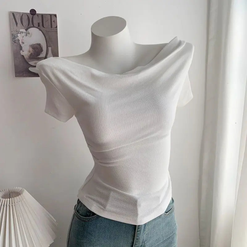 Summer Short Sleeve T-Shirt Shoulder Bared Open Neck Irregular Pleated Korean Style Slim Fit Pure Color Modal Fabric Ladies Top