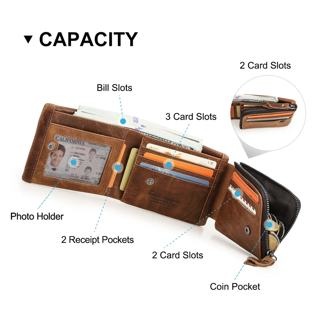 Contact’S Men’s Trifold Wallet - Genuine Crazy Horse Cowhide Leather